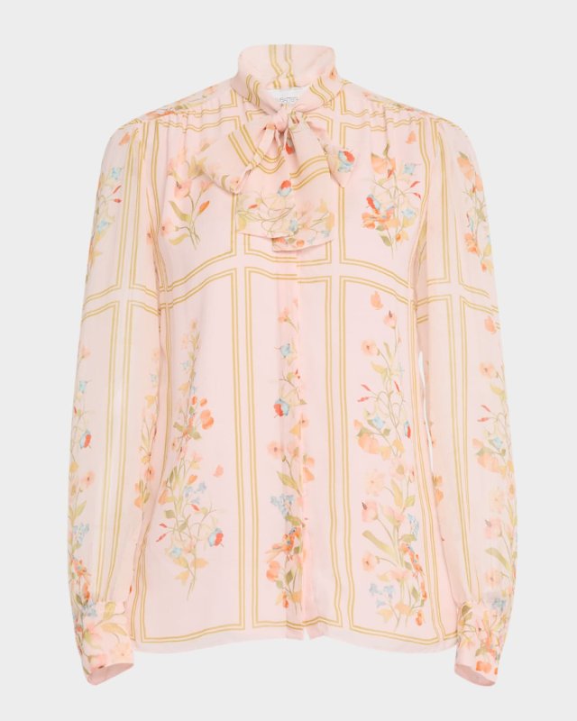 Floral-Print Neck-Tie Silk Blouse
